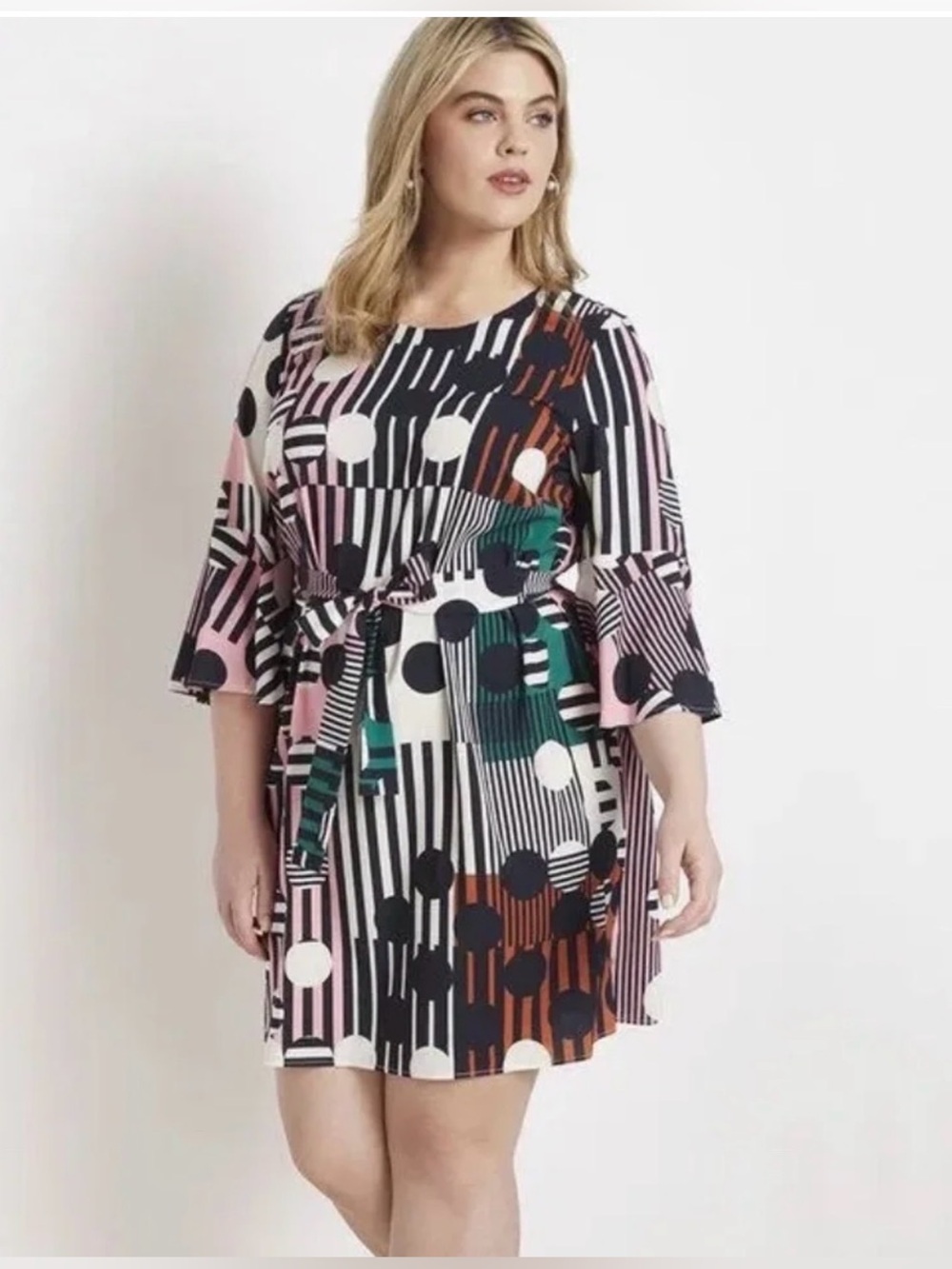 Eloquii Pink, Black & Cream Geometric Midi Dress w/ Tie in Back